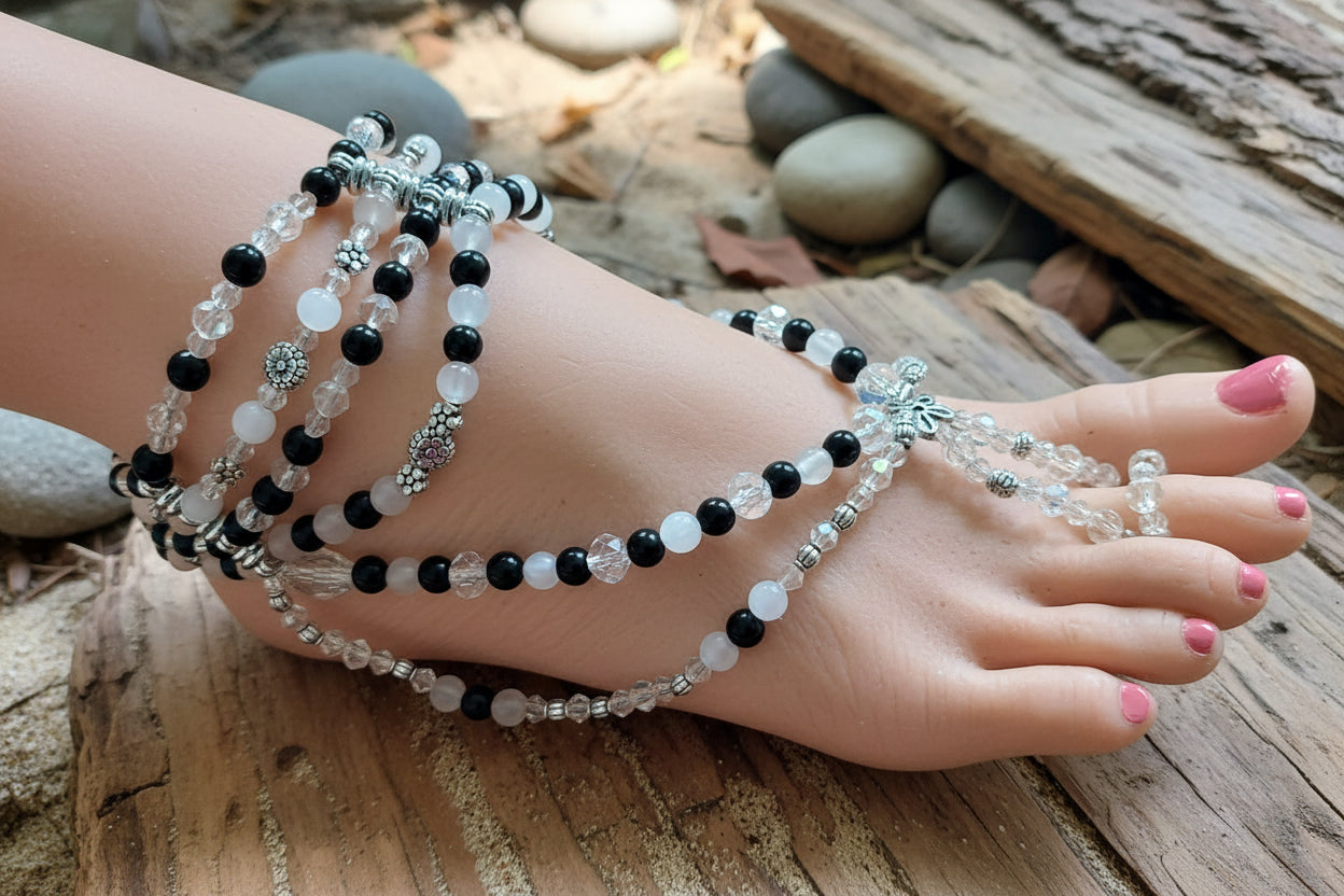 Natural Stone Barefoot Sandals- Beautiful Rose Quartz & Black Obsidian