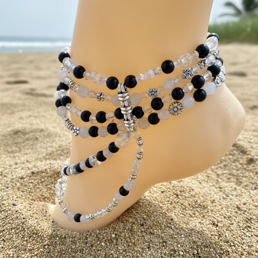Natural Stone Barefoot Sandals- Beautiful Rose Quartz & Black Obsidian