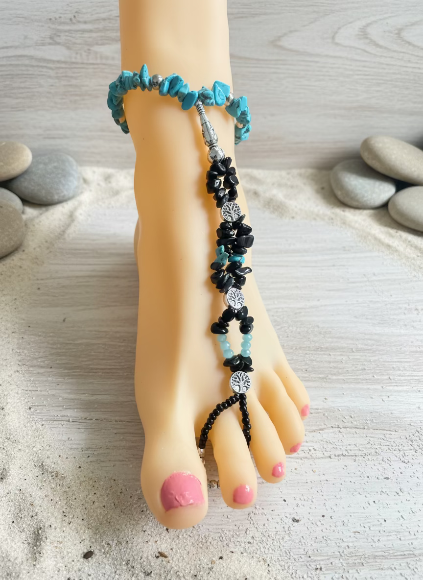 Natural Stone Barefoot Sandals-Black & Turquoise